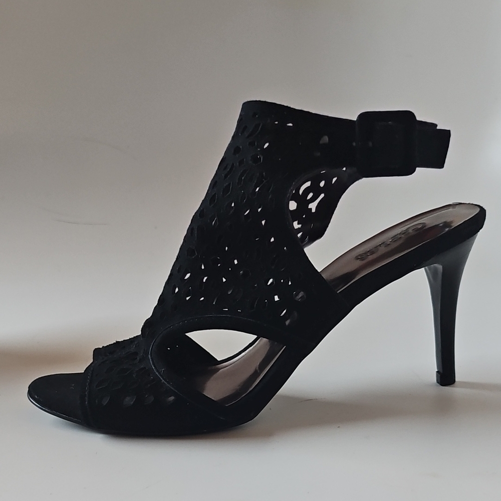 Black Suede High Heeled Sandals with Ankle Strap